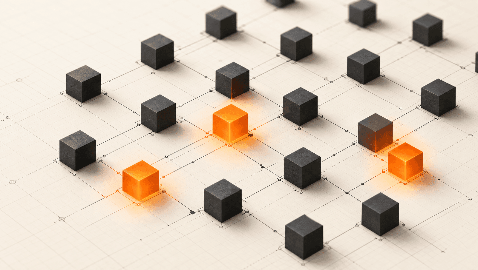 Grid of dark charcoal cubes on cream architectural blueprint, with three cubes glowing molten orange: a knowledge framework schematic.