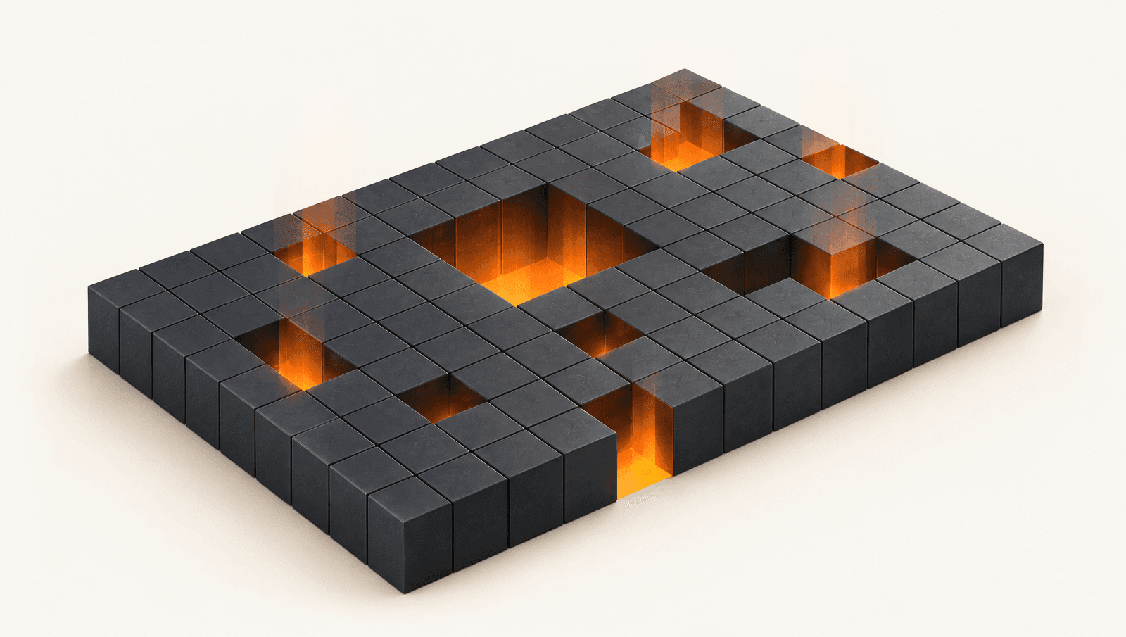Dark charcoal precision grid with visible gaps cut into it, molten orange light beaming up from below. Gap analysis illustration.