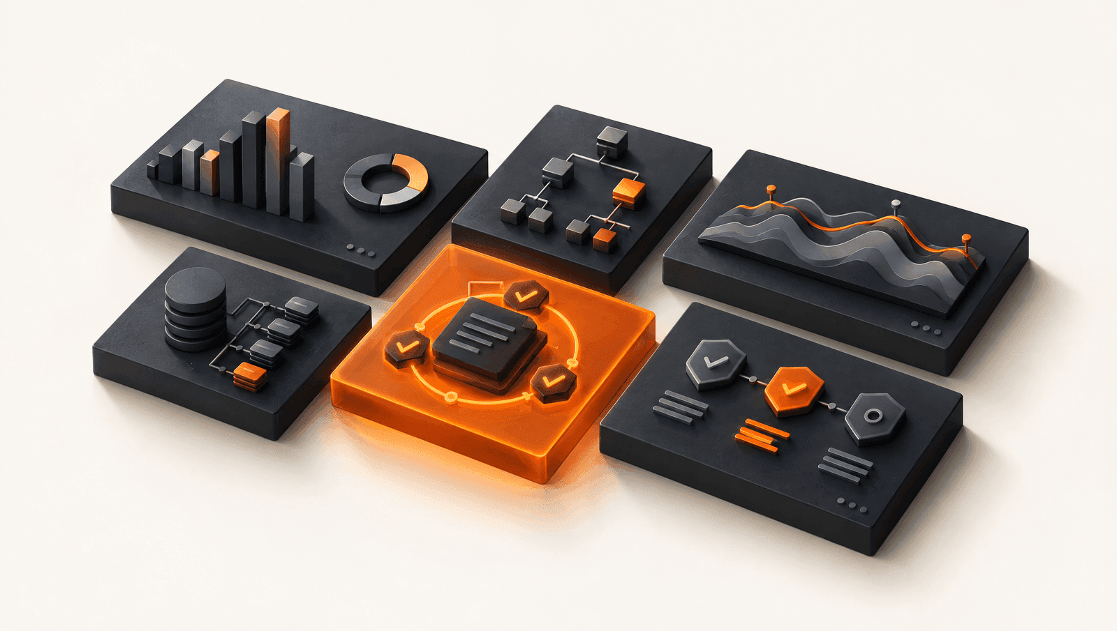 Isometric dashboard tiles rendered as physical charcoal objects with data visualizations, one glowing orange, illustrating knowledge governance.