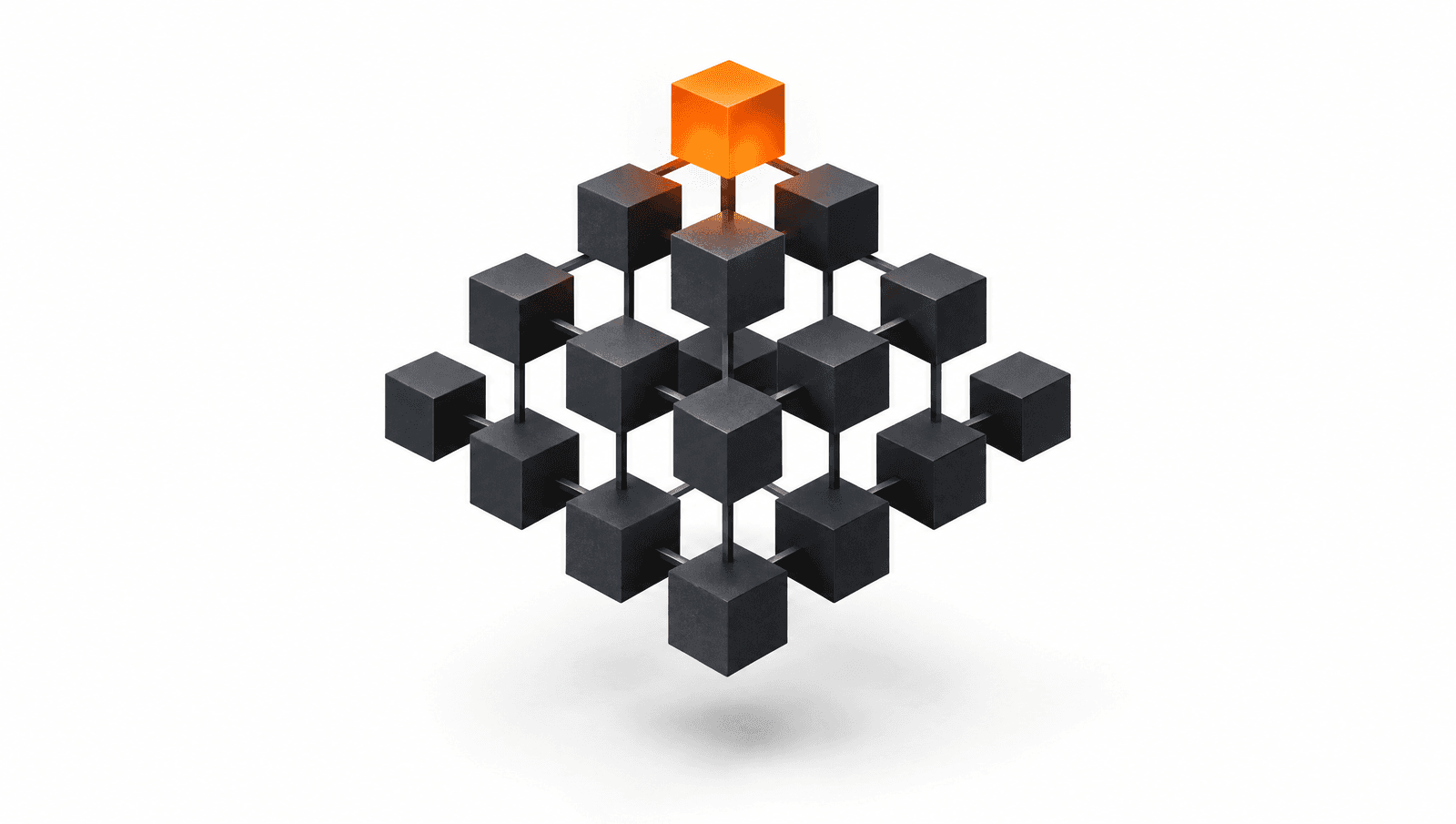 Isometric pyramid of dark charcoal cubes with a molten orange cube at the apex. Knowledge Foundry framework visualization.