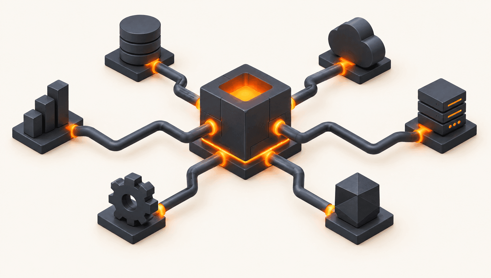 Hub-and-spoke architecture with a central foundry cube connected via pipe channels to peripheral systems, orange glow at each joint. Integrations illustration.